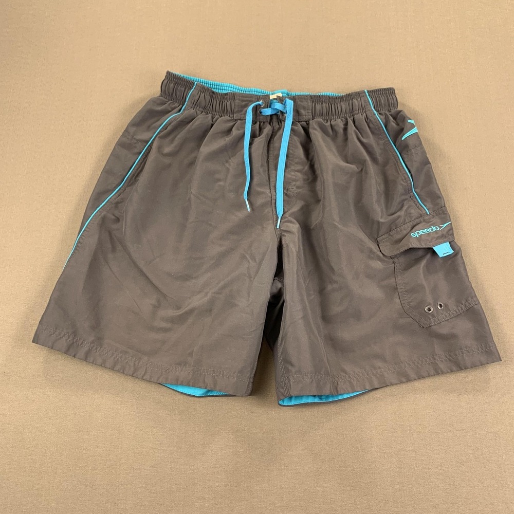 Speedo Swim Trunks Men LG (34in) Gray Blue Mesh Lined Board Shorts Cargo Pocket